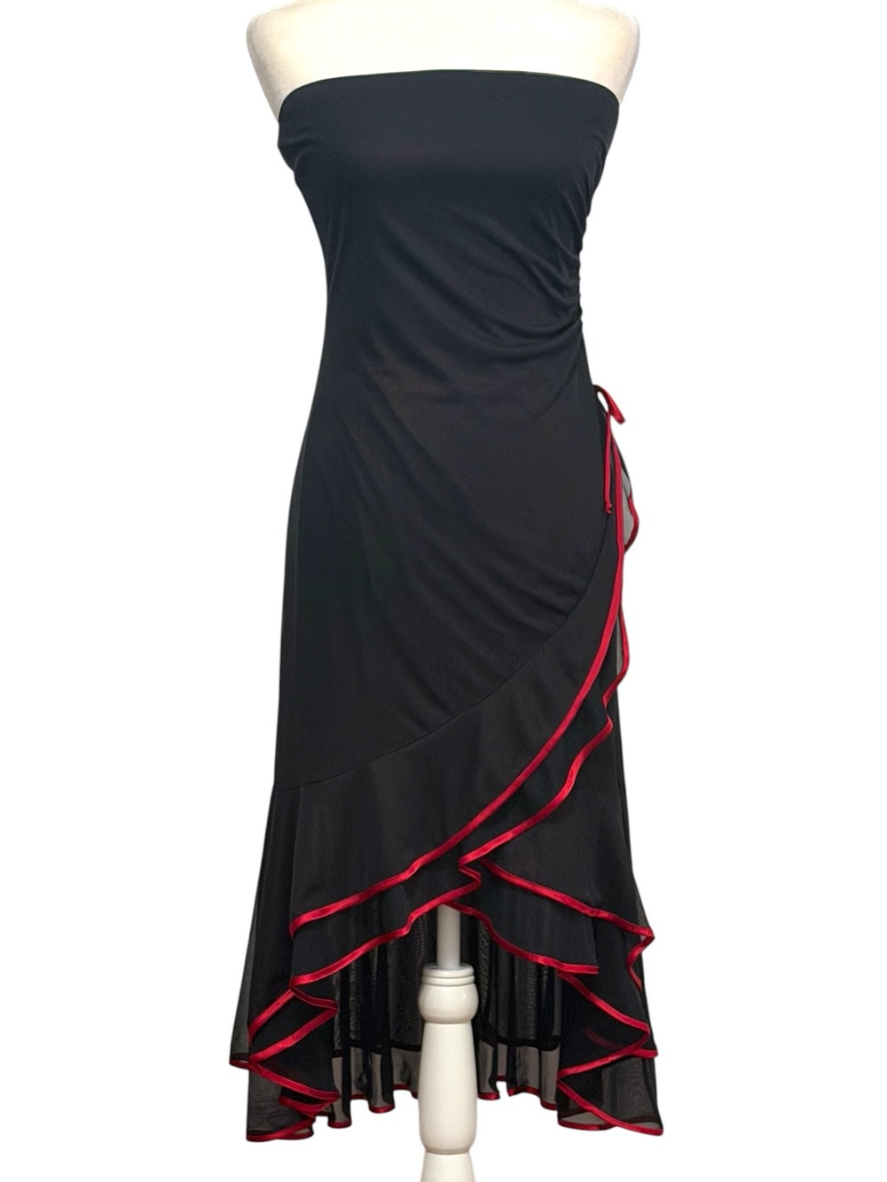 Y2K Sheer Stretch Mesh Strapless  Whimsigoth Asymmetrical Ruffle Hem Midi Dress